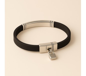 Bracelet Homme Ligne de Vie Acier & Cuir Noir – 20,5 cm