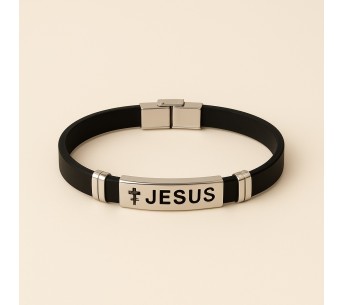 Bracelet homme silicone noir gravé JESUS acier inoxydable