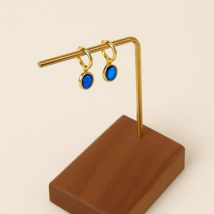 Gold Plated Hoop Earrings with Blue Stone - Lupita Jewelry