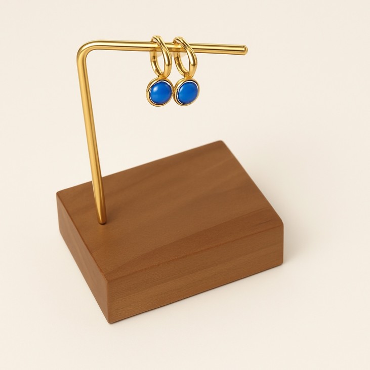 Gold Plated Hoop Earrings with Blue Stone - Lupita Jewelry