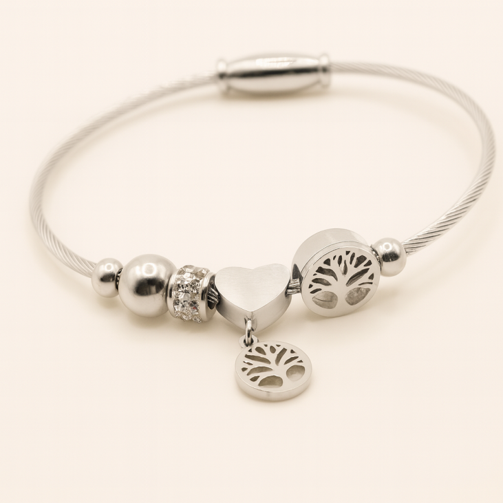 Silver Steel Bracelet with Tree of Life - Lupita Jewelry