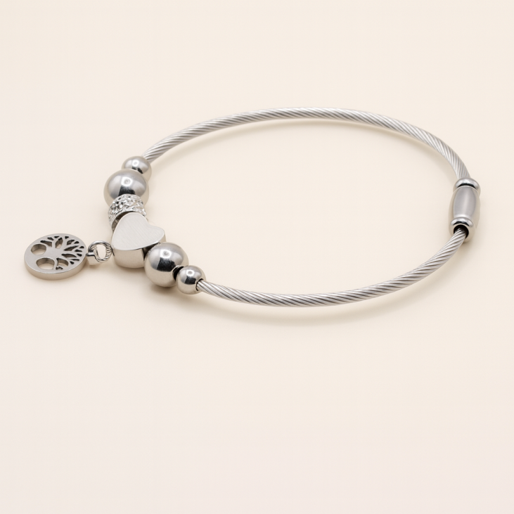 Silver Steel Bracelet with Tree of Life - Lupita Jewelry