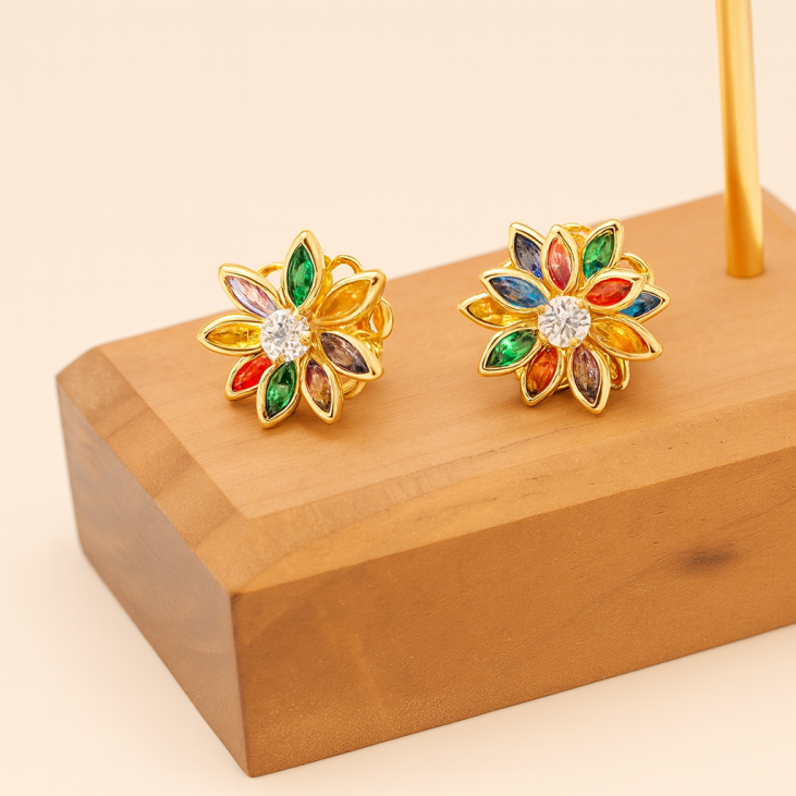 Boucles d’oreilles florales dorées multicolores | Bijoux brésiliens