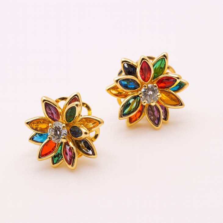 Boucles d’oreilles florales dorées multicolores | Bijoux brésiliens