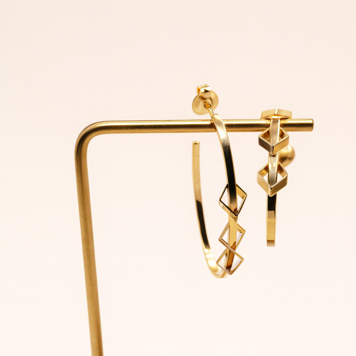 Boucles d’oreilles ovales dorées demi-ouvertes à losanges