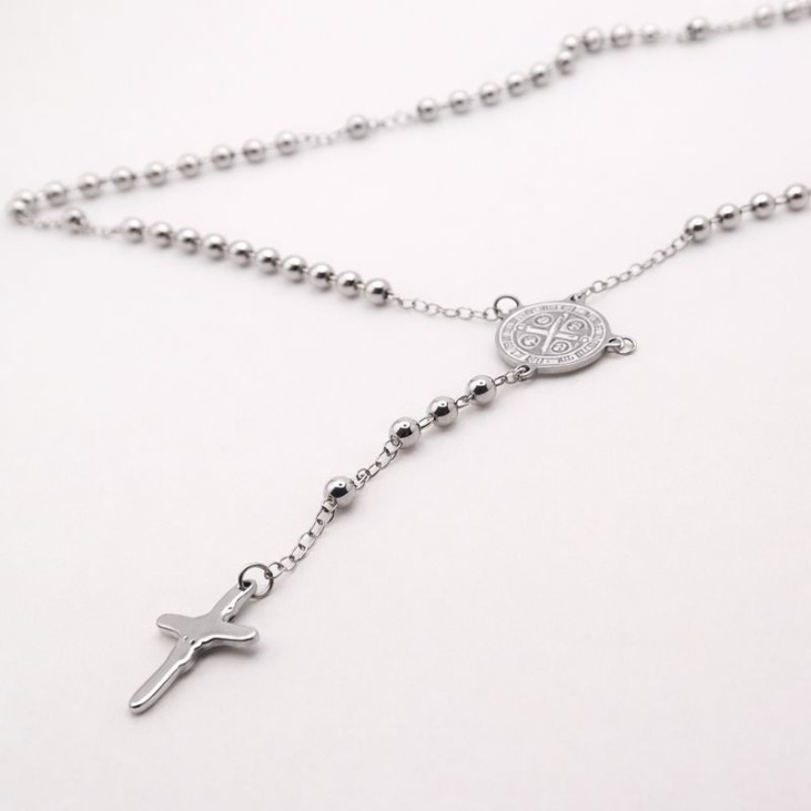 Saint Benedict Rosary Silver Stainless Steel – 78 cm | Lupita Jewelry