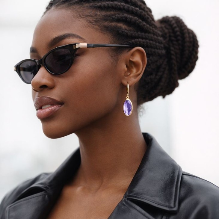 Boucle d’oreille créole acier doré pierre violette | Lupita Bijoux