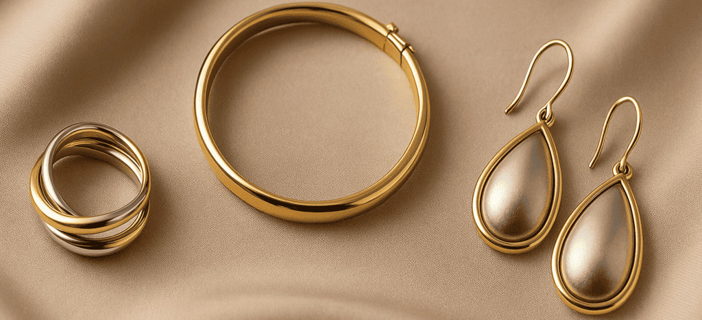 Présentation élégante de bijoux brésiliens en or et argent illustrant la qualité des semi joias